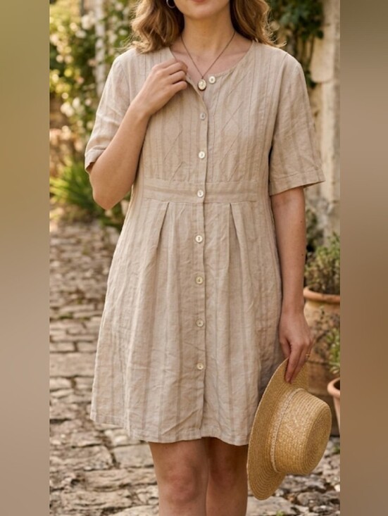 Vintage Dresses & Skirts - Vintage Neutral Beige Button-Front Midi Dress